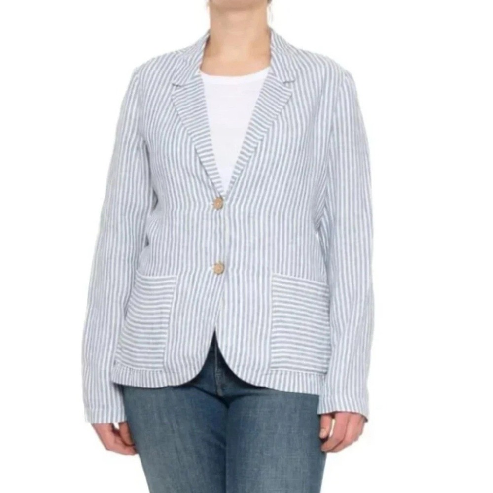 Tahari 100% Linen Blazer Jacket Women's XL Blue White‎ Stripe Nautical Coastal